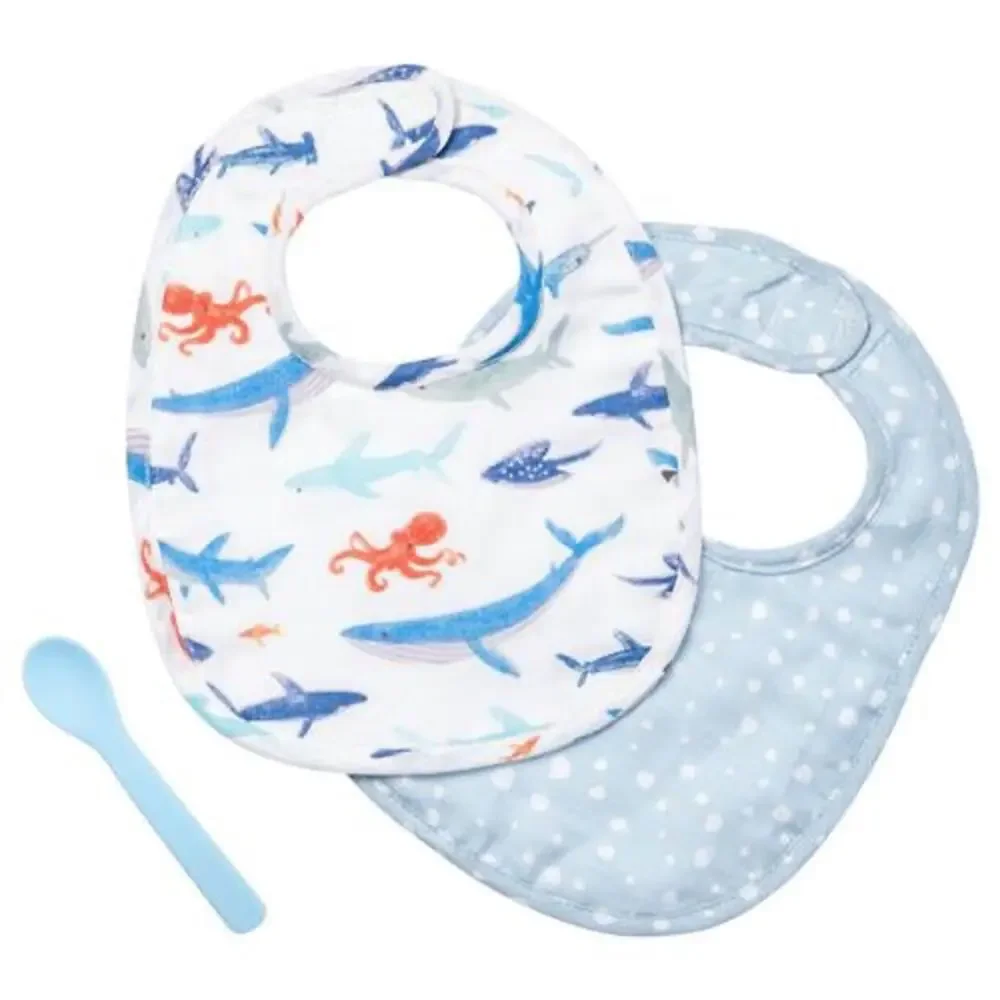 Stephen Joseph 2pc Shark Muslin Bib Set W/Spoon NEW